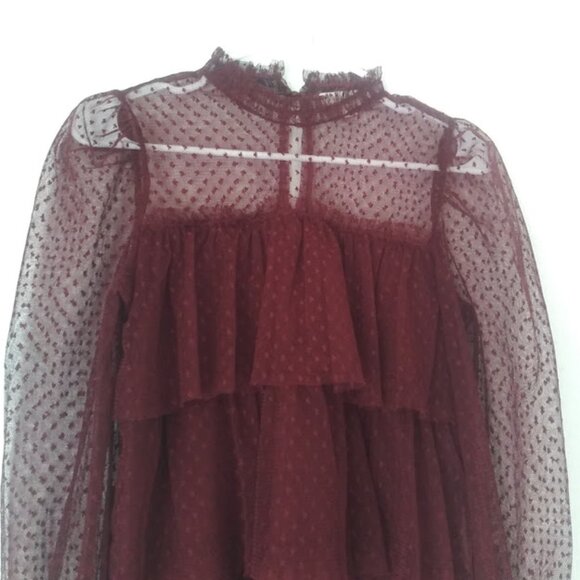 Jolie & Joy Burgundy Lace Mesh Blouse women's size S - Picture 3 of 16